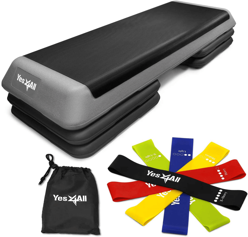 Yes4All Aerobic Exercise Workout Step Platform Health Club Size with 4 Adjustable Risers Included and Extra Risers Options  Yes4All F. Grey Platform + Resistance Loop Bands  