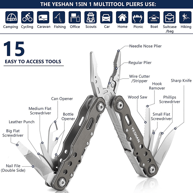 YESHAN 15 in 1 Multitool Pliers with Premium Replaceable Wire Cutters,Safety Locking, Multi-Tool with Nylon Sheath for Camping, Hunting and Hiking（Champagne） Sporting Goods > Outdoor Recreation > Camping & Hiking > Camping Tools YESHAN   