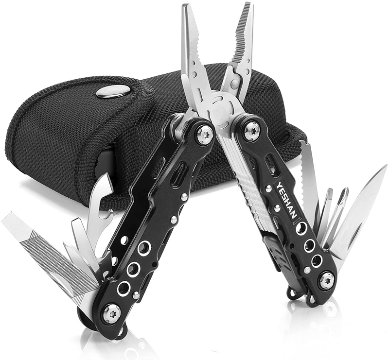 YESHAN 15 in 1 Multitool Pliers with Premium Replaceable Wire Cutters,Safety Locking, Multi-Tool with Nylon Sheath for Camping, Hunting and Hiking（Champagne）