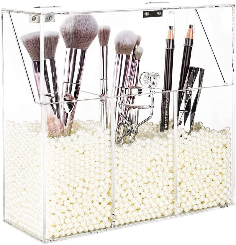 Yestbuy Clear Makeup Brush Holder, Acrylic Makeup Brush Organizer for Vanity, Cosmetic Brush Storage Box with Pearls, for Bathroom, Bedroom, Vanity Countertop, Clear (8.46 X 3.55 X 8.46 ”(LWH), White) Home & Garden > Household Supplies > Storage & Organization YestBuy White  