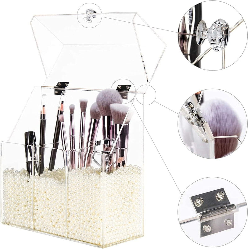 Yestbuy Clear Makeup Brush Holder, Acrylic Makeup Brush Organizer for Vanity, Cosmetic Brush Storage Box with Pearls, for Bathroom, Bedroom, Vanity Countertop, Clear (8.46 X 3.55 X 8.46 ”(LWH), White) Home & Garden > Household Supplies > Storage & Organization YestBuy   