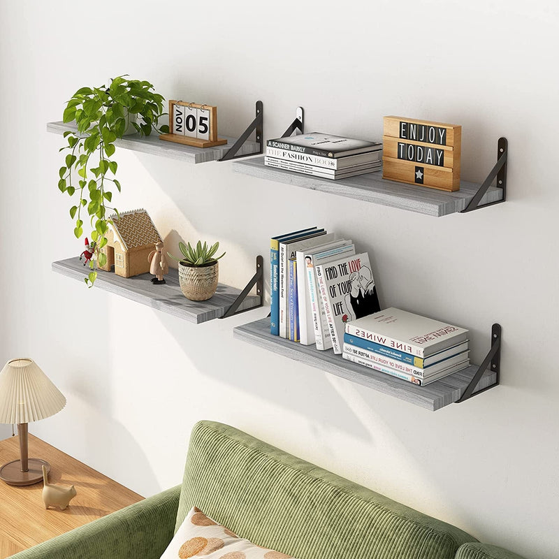 YGEOMER Floating Shelves, Set of 4, Gray Wood Wall Mounted Shelf for Living Room, Bathroom, Bedroom and Plants