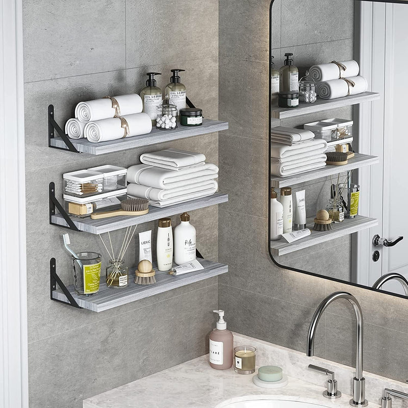 YGEOMER Floating Shelves, Set of 4, Gray Wood Wall Mounted Shelf for Living Room, Bathroom, Bedroom and Plants