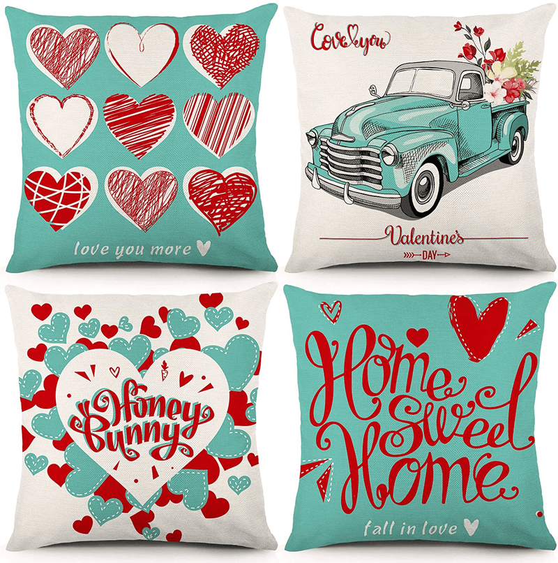 YGEOMER Valentine'S Day Pillow Covers 18×18 Inch Set of 4 Pieces of Turquoise Pillow Case Festival Anniversary Wedding Cushion Pillow Case Valentine’S Day Decorations Throw Pillow Covers Home & Garden > Decor > Chair & Sofa Cushions YGEOMER 18×18 Inch  