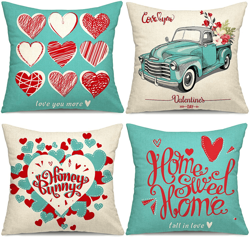 YGEOMER Valentine'S Day Pillow Covers 18×18 Inch Set of 4 Pieces of Turquoise Pillow Case Festival Anniversary Wedding Cushion Pillow Case Valentine’S Day Decorations Throw Pillow Covers