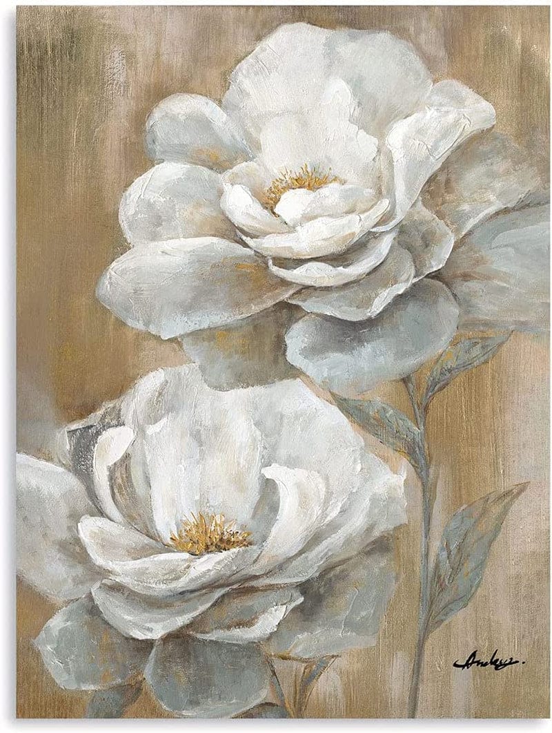 Yidepot Floral Canvas Wall Art Peony Flower Picture Abstract White and Gold Painting Giclee Print Artwork Home Decor for Bedroom Bathroom Ready to Hang 12"X 16"X 1 Panel Home & Garden > Decor > Artwork > Posters, Prints, & Visual Artwork Yidepot White Ponny 16"x24" 