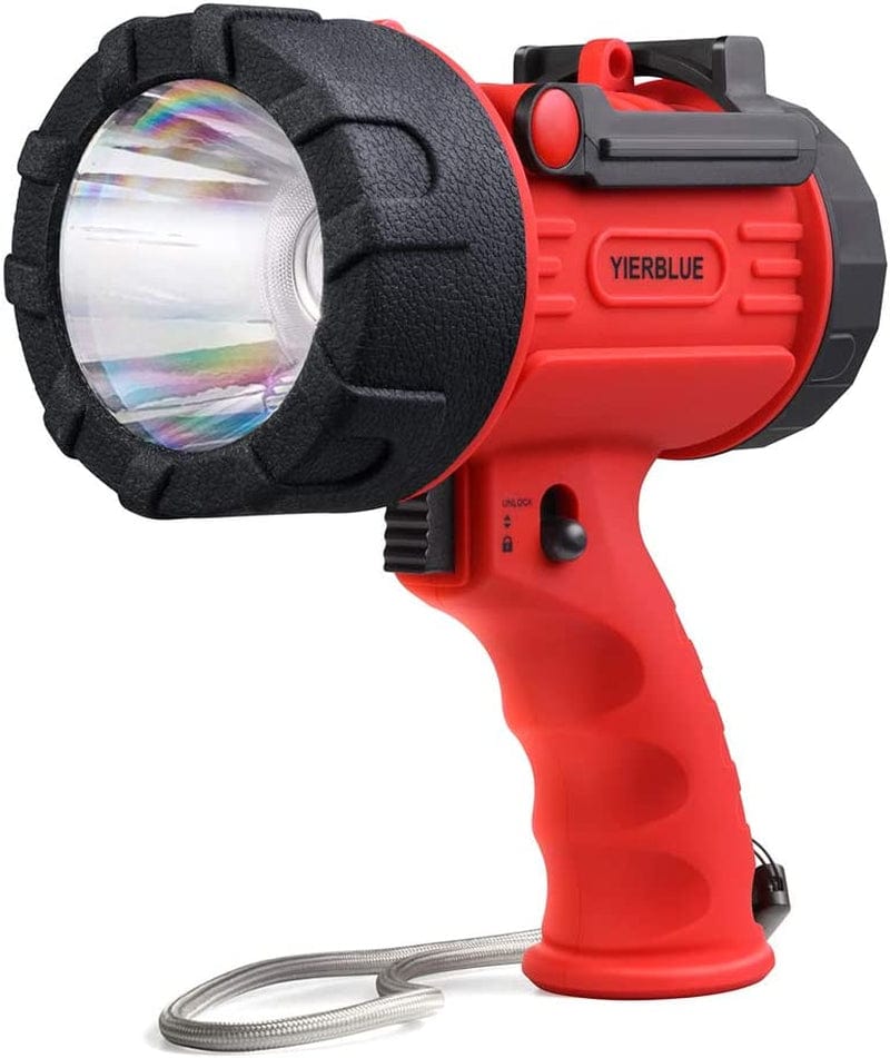 YIERBLUE Rechargeable Spotlight with 6000 Lumen LED, IP67 Waterproof Handheld Flashlight Searchlight with Detachable Red Light Filter, 10000Mah Long Running (Fluorescent)