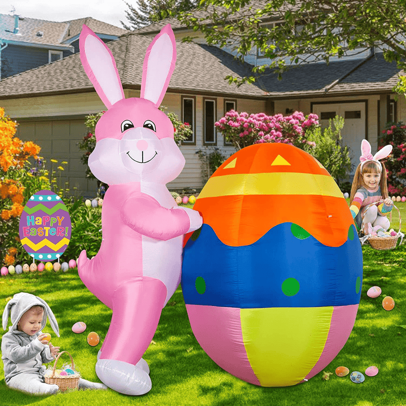 YIHONG 8 FT Height Easter Inflatable Outdoor Decorations Bunny with Egg, Easter Blow up Yard Decorations Build-In LED for Holiday Lawn, Yard, Garden Decor