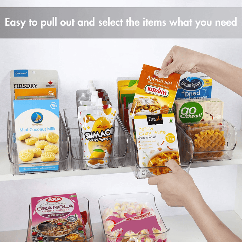 YIHONG Food Packet Organizer Bins for Pantry Organization, 4 Pack Plastic Clear Storage Bins for Storing Seasoning Packets, Spices, Sauce Packets,Snacks, with 2 Removable Dividers