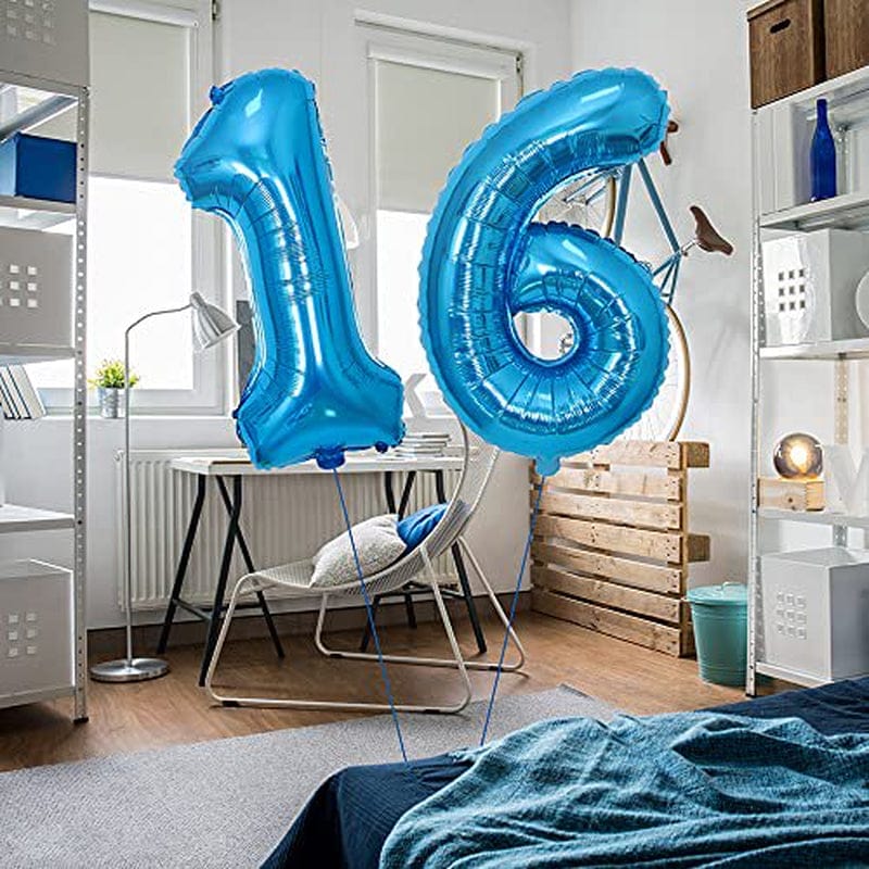 Yijunmca Blue 16 Number Balloons Giant Jumbo Number 16 32" Helium Balloon Hanging Balloon Foil Mylar Balloons for Boys Girls 16Th Birthday Party Supplies 16 Anniversary Events Decorations, 16 Blue