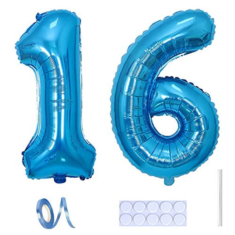 Yijunmca Blue 16 Number Balloons Giant Jumbo Number 16 32" Helium Balloon Hanging Balloon Foil Mylar Balloons for Boys Girls 16Th Birthday Party Supplies 16 Anniversary Events Decorations, 16 Blue