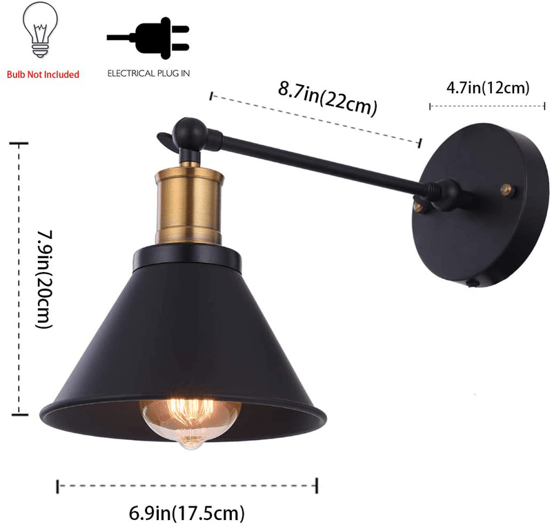YILYNN Industrial Swing Arm Wall Lights Plug in Cord with On/Off Switch, Vintage Simplicity Black Finish Metal Wall Lamp, Bedside Reading Lamp, Bedroom Wall Sconce, Set of 2