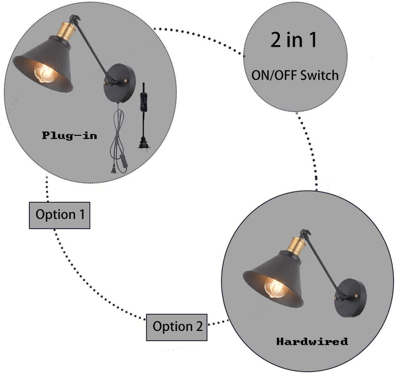 YILYNN Industrial Swing Arm Wall Lights Plug in Cord with On/Off Switch, Vintage Simplicity Black Finish Metal Wall Lamp, Bedside Reading Lamp, Bedroom Wall Sconce, Set of 2 Home & Garden > Lighting > Lighting Fixtures > Wall Light Fixtures KOL DEALS   