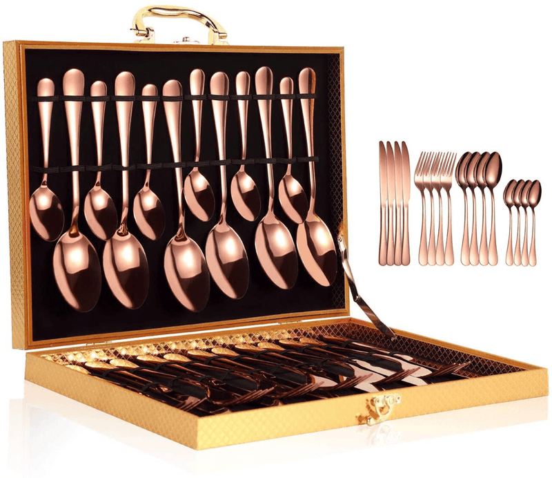 YiMeng 24-Piece Silverware Set , Stainless Steel Flatware Cutlery Set Include Knife/Fork/Spoon/Teaspoon For Home Kitchen Restaurant Hotel, Mirror Polished, Dishwasher Safe (Rose Gold)