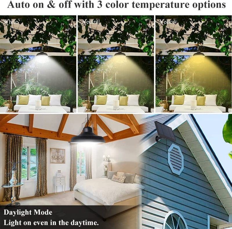 YINGHAO Indoor Solar Lights, Solar Pendant Light Remote Control, Solar Lights for Patio, 3 Color Lighting, Outdoor Waterproof IP65 off Grid Lamp for Porch Gazebo Barn Camp, Day Night Use