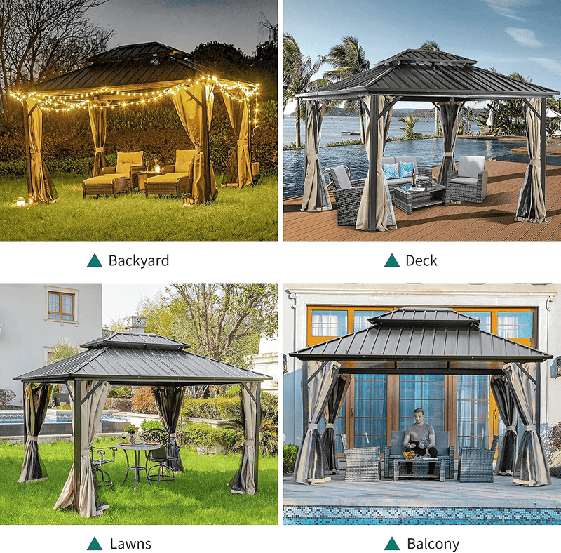 YITAHOME 10x12 ft Double Roof Canopy Gazebo with Netting and Shaded Curtains, Outdoor Gazebo 2-Tier Hardtop Galvanized Iron Aluminum Frame Garden Tent for Patio, Backyard, Deck and Lawns Home & Garden > Lawn & Garden > Outdoor Living > Outdoor Structures > Canopies & Gazebos YITAHOME   