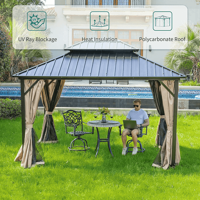 YITAHOME 10x12 ft Double Roof Canopy Gazebo with Netting and Shaded Curtains, Outdoor Gazebo 2-Tier Hardtop Galvanized Iron Aluminum Frame Garden Tent for Patio, Backyard, Deck and Lawns Home & Garden > Lawn & Garden > Outdoor Living > Outdoor Structures > Canopies & Gazebos YITAHOME   