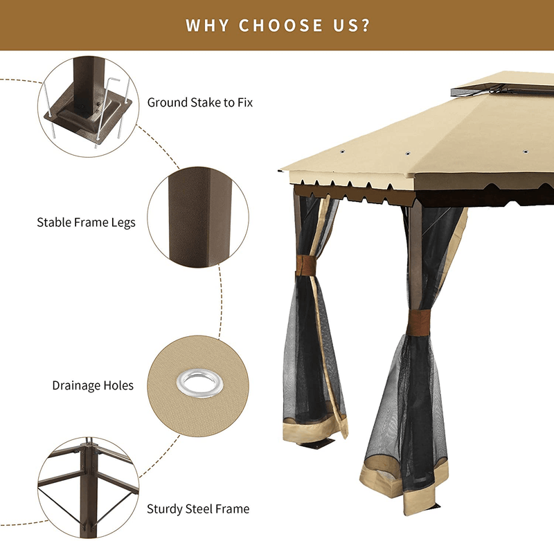 YITAHOME 10x12 ft Gazebo for Patio, Outdoor Double Roof Canopy Gazebo with Mosquito Netting, Soft Fabric Top Garden Winds Tent with Steel Frame for Lawn, Garden, Backyard and Deck (Khaki)