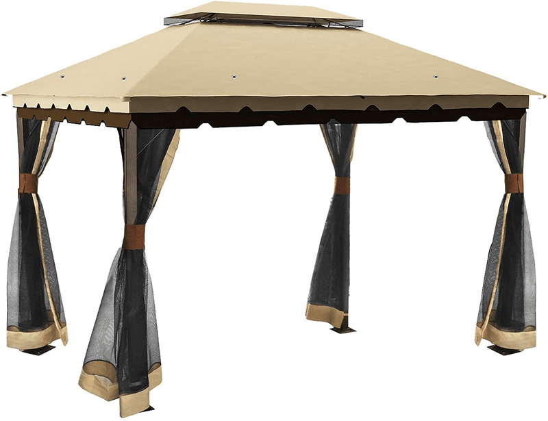 YITAHOME 10x12 ft Gazebo for Patio, Outdoor Double Roof Canopy Gazebo with Mosquito Netting, Soft Fabric Top Garden Winds Tent with Steel Frame for Lawn, Garden, Backyard and Deck (Khaki) Home & Garden > Lawn & Garden > Outdoor Living > Outdoor Structures > Canopies & Gazebos YITAHOME   
