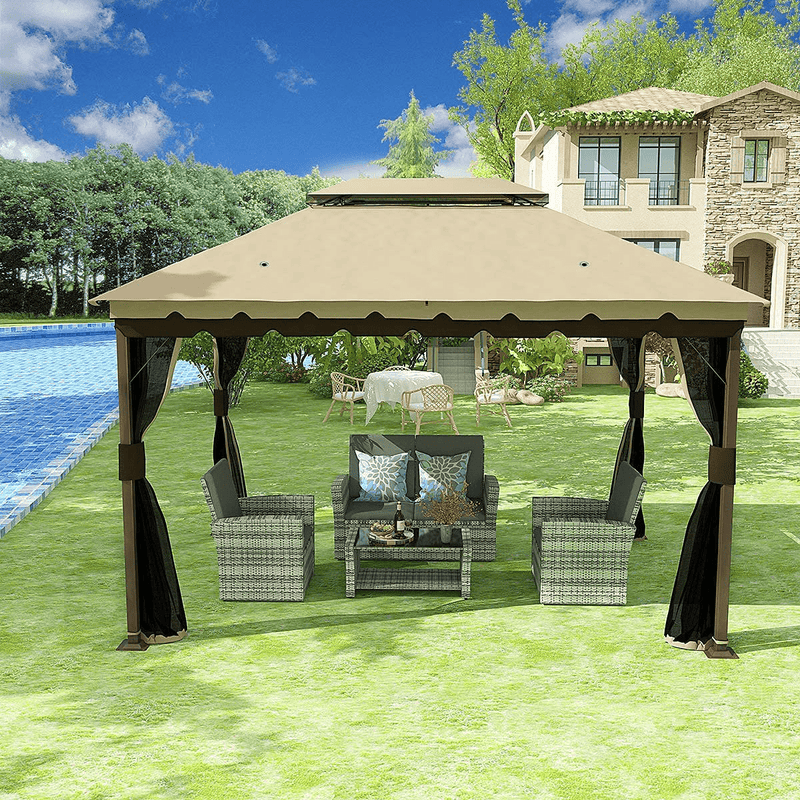 YITAHOME 10x12 ft Gazebo for Patio, Outdoor Double Roof Canopy Gazebo with Mosquito Netting, Soft Fabric Top Garden Winds Tent with Steel Frame for Lawn, Garden, Backyard and Deck (Khaki)