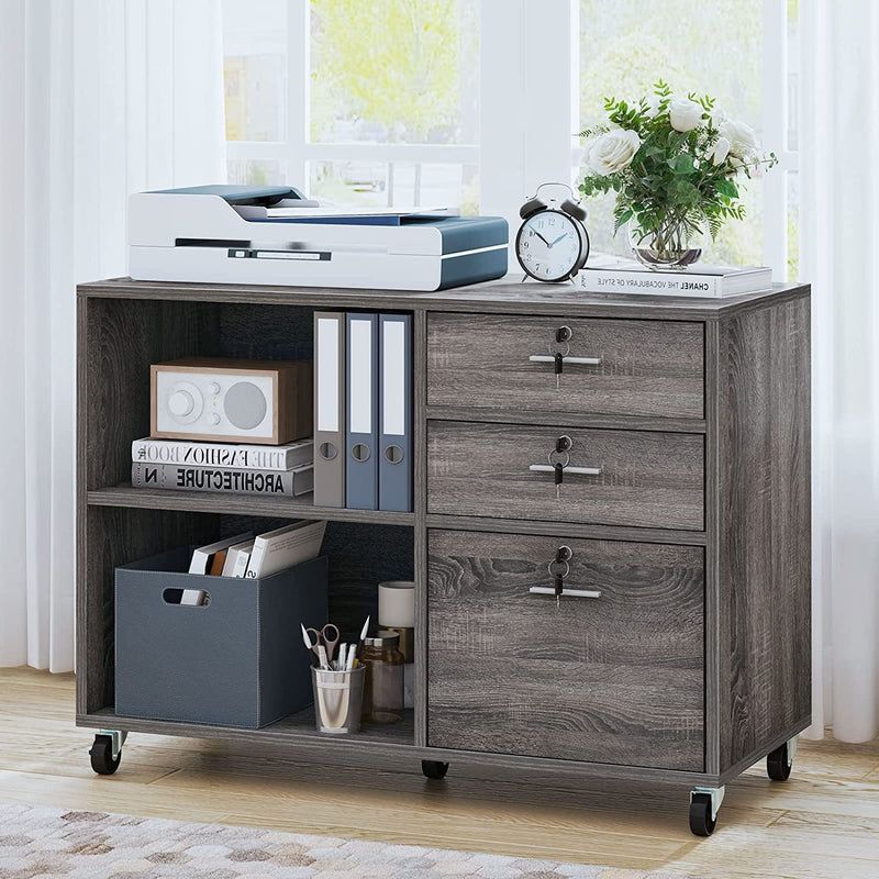 YITAHOME 3 Drawer Wood Lateral File Cabinet, Mobile Filing Cabinet, Storage Cabinet Printer Stand with 2 Open Shelves for Home Office Organization,Dark Grey Home & Garden > Household Supplies > Storage & Organization YITAHOME   
