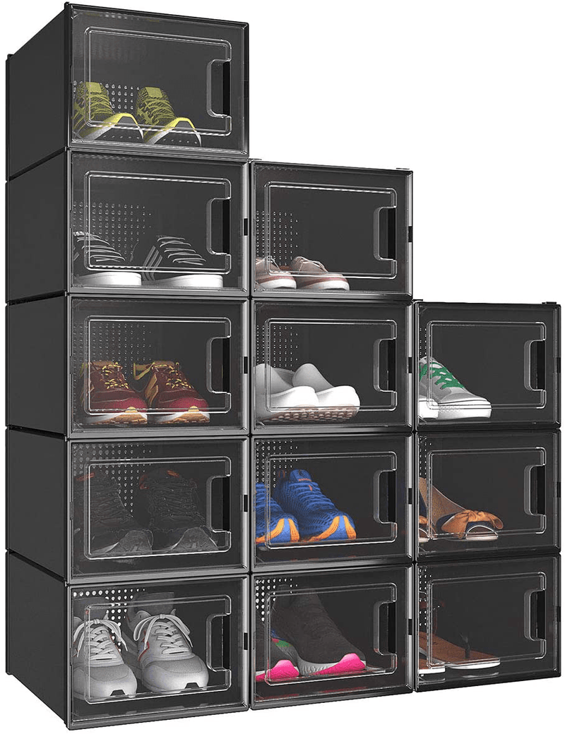 YITAHOME Shoe Box, Set of 12 Medium Size Shoe Storage Lightweight Cardboard Organizers Stackable Shoe Storage Box Rack Drawer-Black, Medium Size Furniture > Cabinets & Storage > Armoires & Wardrobes YITAHOME Black  
