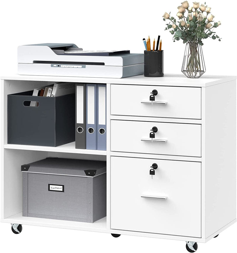 YITAHOME Wood File Cabinet, 3 Drawer Mobile Lateral Filing Cabinet, Storage Cabinet Printer Stand with 2 Open Shelves for Home Office Organization, White and Black