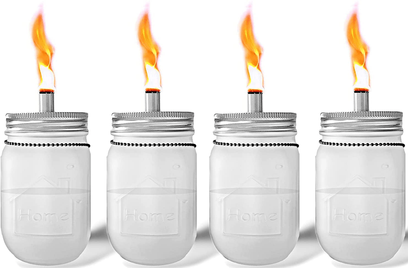 Yitee 4 Pack Frosted Glass Mason Jar Tabletop Torch,Longlife Fiberglass Wicks,Stainless Steel Lids with Outfire Caps Included,Outdoor Decor Oil Lamp Torch (Silver Lid) Home & Garden > Lighting Accessories > Oil Lamp Fuel Yitee Silver Lid  