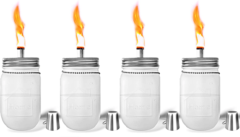 Yitee 4 Pack Frosted Glass Mason Jar Tabletop Torch,Longlife Fiberglass Wicks,Stainless Steel Lids with Outfire Caps Included,Outdoor Decor Oil Lamp Torch (Silver Lid)