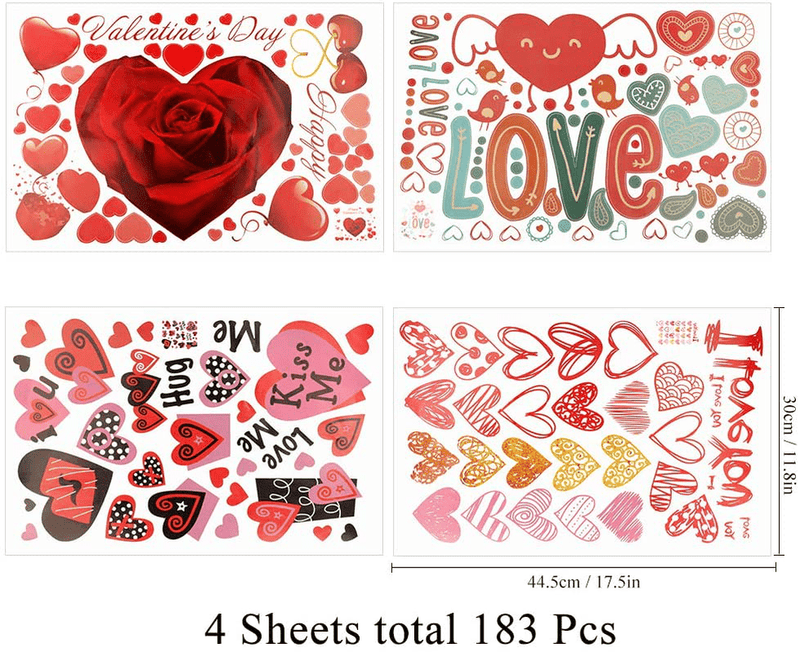 YIYA 183PCS Valentine'S Day Window Sticker Heart Window Clings for School Home Office Wedding Valentines Party Decorations Supplies Anniversary Decorations, 4 Sheets Home & Garden > Decor > Seasonal & Holiday Decorations YIYA   