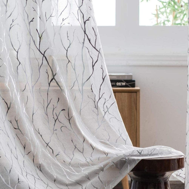 YJ YANJUN White and Silver Sheer Curtains 96 Inches Long- Tree Branch Curtains with Rod Pocket 52X96 White/Sliver 2 Piece Home & Garden > Decor > Window Treatments > Curtains & Drapes YJ YANJUN   