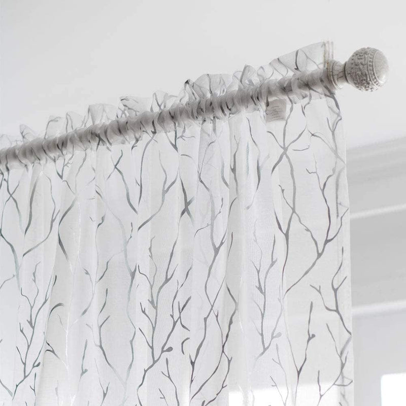 YJ YANJUN White and Silver Sheer Curtains 96 Inches Long- Tree Branch Curtains with Rod Pocket 52X96 White/Sliver 2 Piece Home & Garden > Decor > Window Treatments > Curtains & Drapes YJ YANJUN   