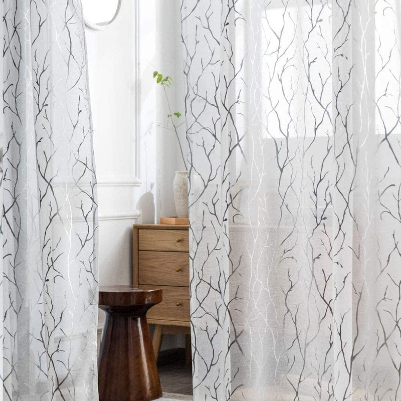 YJ YANJUN White and Silver Sheer Curtains 96 Inches Long- Tree Branch Curtains with Rod Pocket 52X96 White/Sliver 2 Piece