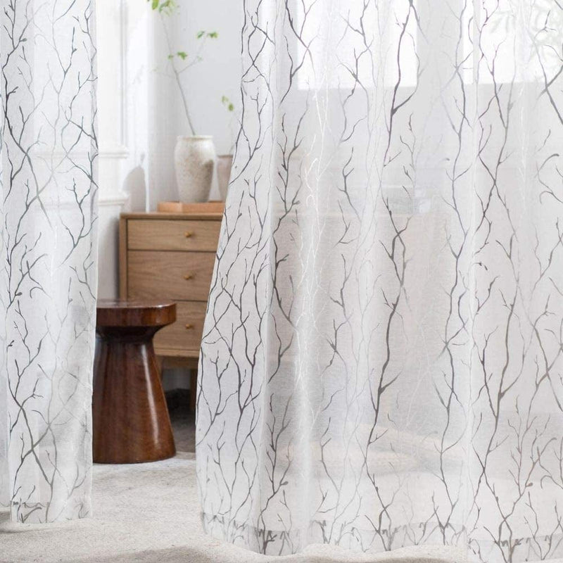 YJ YANJUN White and Silver Sheer Curtains 96 Inches Long- Tree Branch Curtains with Rod Pocket 52X96 White/Sliver 2 Piece