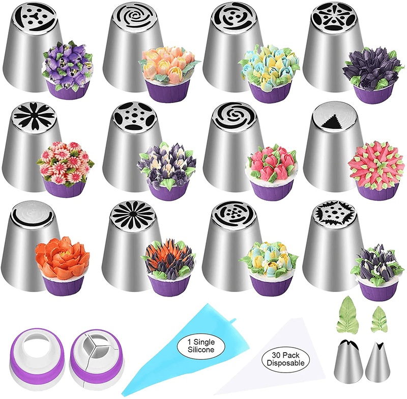 YLYL 47 Pcs Russian Piping Tips Set, 12 Flower Frosting Tips Nozzles Icing Tips for Cake Decorating Tips Kit, Baking Supplies for Cookie Cupcake, 2 Leaf Piping Tips 2 Couplers 30 Pastry Baking Bags Home & Garden > Kitchen & Dining > Kitchen Tools & Utensils > Cake Decorating Supplies YLYL Default Title  
