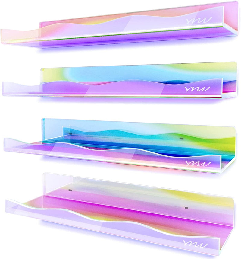 YMVV Large Iridescent Clear Acrylic Wall Mounted Floating Shelf,Room Wall Display Bookshelf,Modern 15.7 in Thickened Bathroom Storage Ledge Shelves Toy Display Organizer Decor 4 Pack Furniture > Shelving > Wall Shelves & Ledges YMVV A-iridescent 15.7 IN 