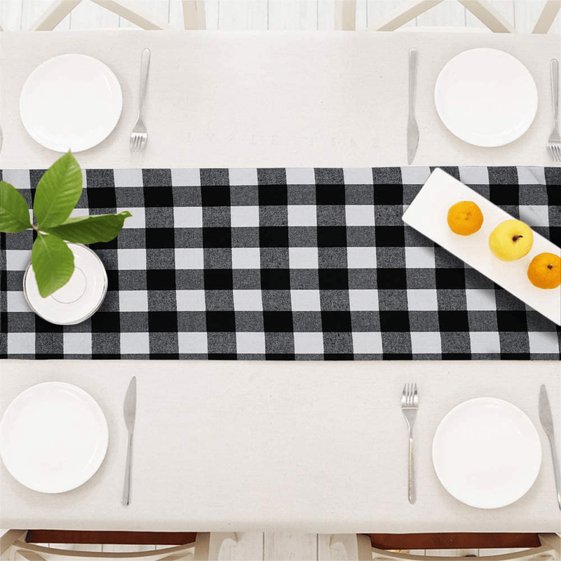 Yodofol Cotton & Burlap Buffalo Checkered Table Runner, Large Christmas Black and White Plaid Design Table Runner for Family Dinners, Gatherings and Everyday Use (Black Plaid, 14 X 72 Inch) Home & Garden > Decor > Seasonal & Holiday Decorations Yodofol   