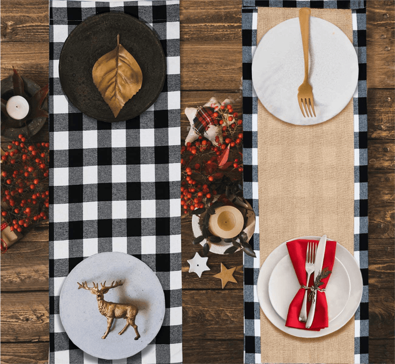 Yodofol Cotton & Burlap Buffalo Checkered Table Runner, Large Christmas Black and White Plaid Design Table Runner for Family Dinners, Gatherings and Everyday Use (Black Plaid, 14 X 72 Inch) Home & Garden > Decor > Seasonal & Holiday Decorations Yodofol   