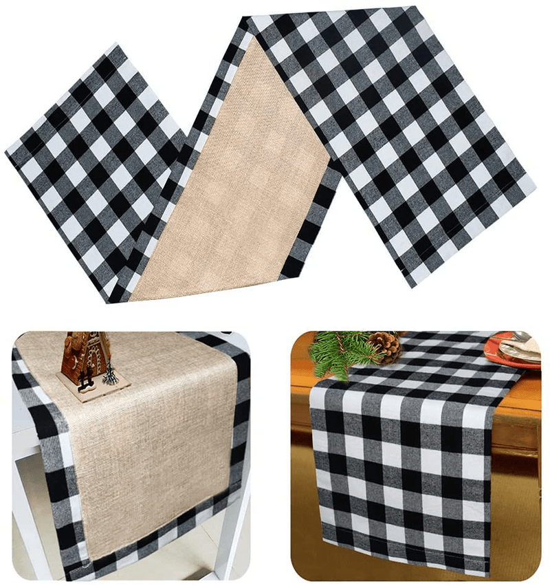 Yodofol Cotton & Burlap Buffalo Checkered Table Runner, Large Christmas Black and White Plaid Design Table Runner for Family Dinners, Gatherings and Everyday Use (Black Plaid, 14 X 72 Inch) Home & Garden > Decor > Seasonal & Holiday Decorations Yodofol Black Plaid 14 x 72 inch 