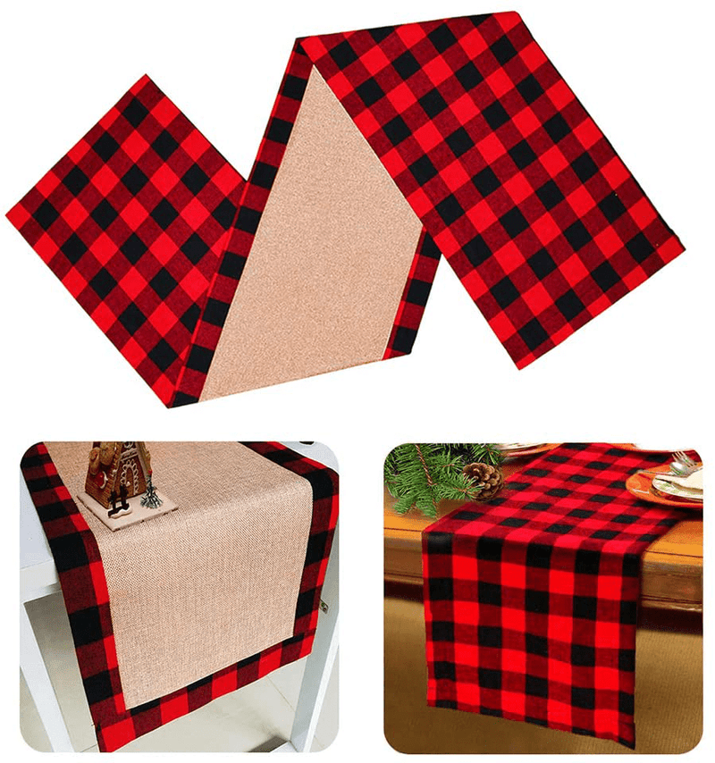 Yodofol Cotton & Burlap Buffalo Checkered Table Runner, Large Christmas Black and White Plaid Design Table Runner for Family Dinners, Gatherings and Everyday Use (Black Plaid, 14 X 72 Inch) Home & Garden > Decor > Seasonal & Holiday Decorations Yodofol Red Plaid 14 x 72 inch 