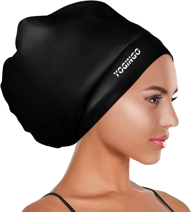 YOGINGO Extra Large Swim Cap for Women and Men Adult Youth,Waterproof Silicone Swim Cap for Very Long Hair, Thick Curly Hair & Dreadlocks Braids Weaves Afro Hair (Blue) Sporting Goods > Outdoor Recreation > Boating & Water Sports > Swimming > Swim Caps YOGINGO Black  