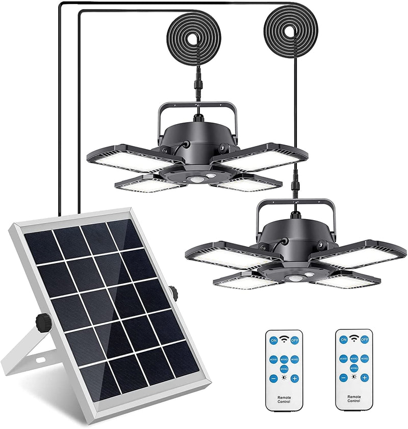 Yomisga Solar Pendant Lights Adjustable Solar Panel with Dual Lamps Indoor Shed Light 128 LED IP65 Waterproof Outdoor Motion Sensor Light with Remote Control for Shop, Garage, Barn, House