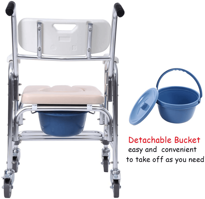 Yonntech 3In1 Bedside Commode Transport Wheelchair Multiple Function Folding Bathroom Shower Chair Bedside Toilet Seat Detachable Bucket with Locking Rear Castors and Leg Rest