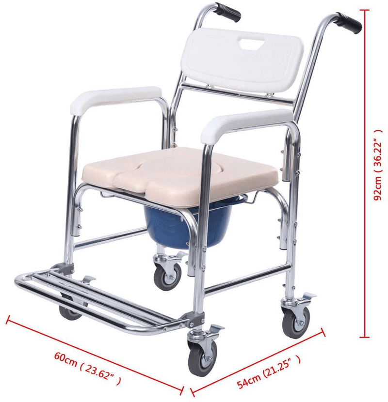 Yonntech 3In1 Bedside Commode Transport Wheelchair Multiple Function Folding Bathroom Shower Chair Bedside Toilet Seat Detachable Bucket with Locking Rear Castors and Leg Rest