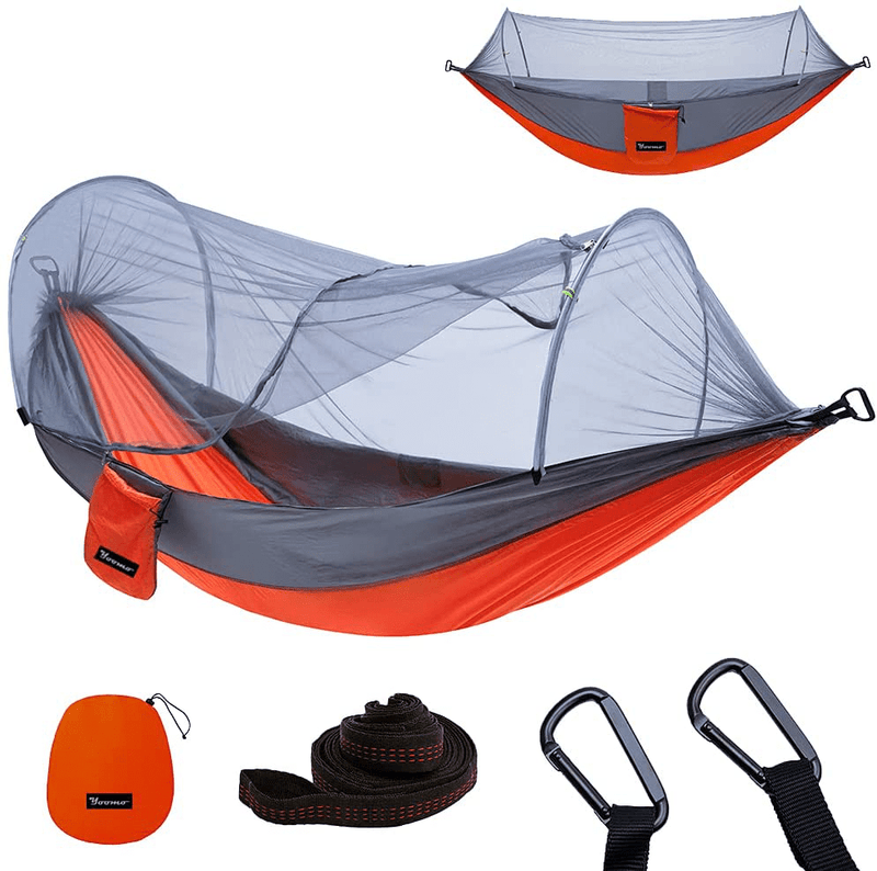 YOOMO Camping Hammock with Mosquito Net & 10Ft Hammock Tree Straps Portable Lightweight Parachute Fabric Travel Bed for Hiking, Backpacking, Garden. (Gray/Orange) Sporting Goods > Outdoor Recreation > Camping & Hiking > Mosquito Nets & Insect Screens yoomo 01-gray/Orange  