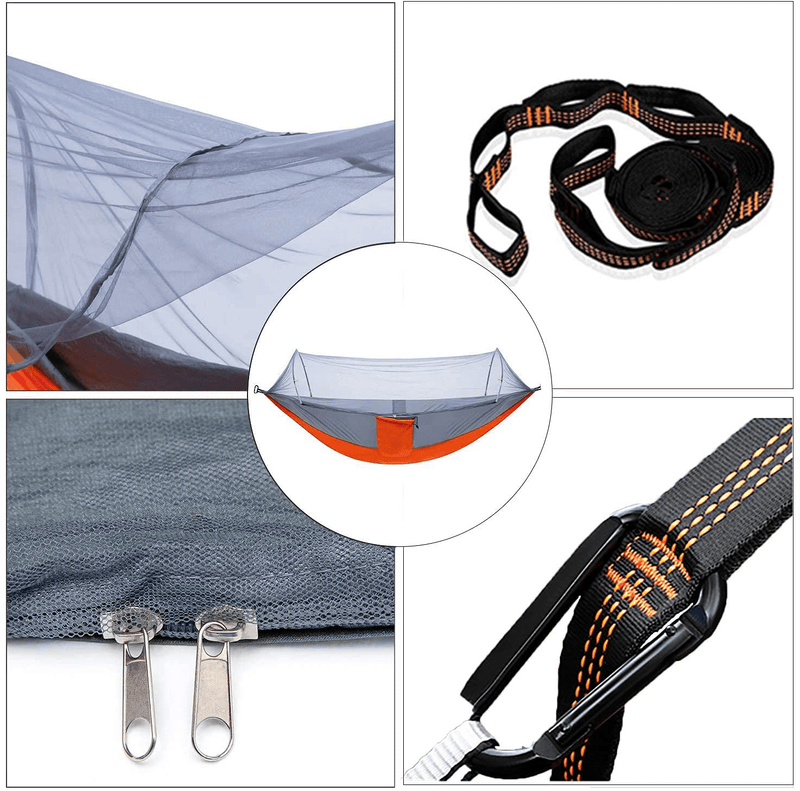YOOMO Camping Hammock with Mosquito Net & 10Ft Hammock Tree Straps Portable Lightweight Parachute Fabric Travel Bed for Hiking, Backpacking, Garden. (Gray/Orange) Sporting Goods > Outdoor Recreation > Camping & Hiking > Mosquito Nets & Insect Screens yoomo   