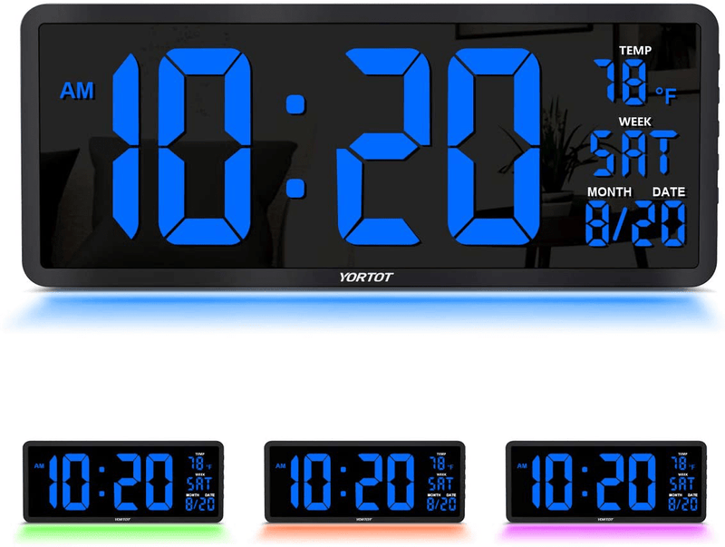 YORTOT 16” Large Digital Wall Clock with Remote Control, 4 Level Brightness, 7 Color Decor Night Light, Big Red Number LED Display with Indoor Temperature, Date and 12/24H, DST, Fold Out Stand Home & Garden > Decor > Clocks > Wall Clocks YORTOT Blue  