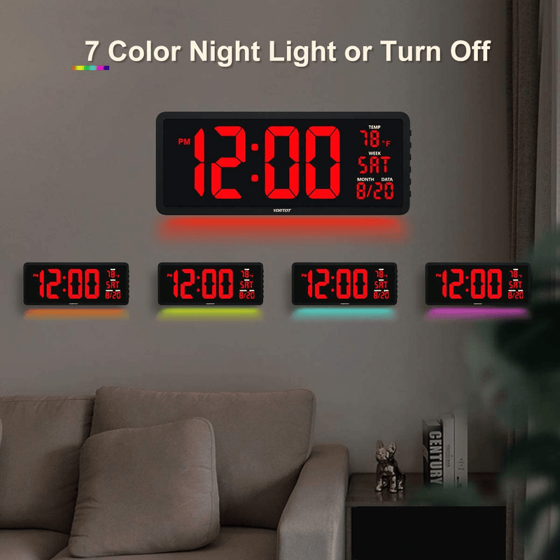 YORTOT 16” Large Digital Wall Clock with Remote Control, 4 Level Brightness, 7 Color Decor Night Light, Big Red Number LED Display with Indoor Temperature, Date and 12/24H, DST, Fold Out Stand Home & Garden > Decor > Clocks > Wall Clocks YORTOT   