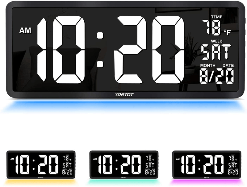 YORTOT 16” Large Digital Wall Clock with Remote Control, 4 Level Brightness, 7 Color Decor Night Light, Big Red Number LED Display with Indoor Temperature, Date and 12/24H, DST, Fold Out Stand Home & Garden > Decor > Clocks > Wall Clocks YORTOT White  