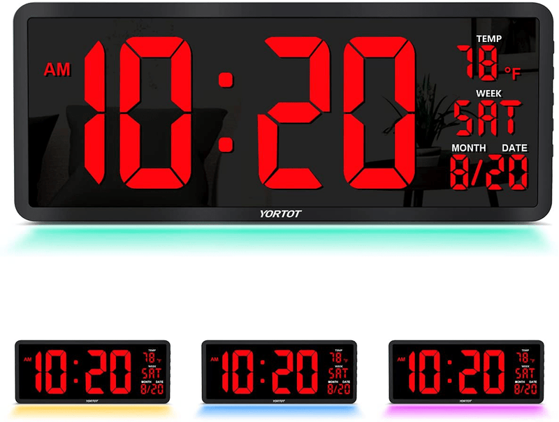 YORTOT 16” Large Digital Wall Clock with Remote Control, 4 Level Brightness, 7 Color Decor Night Light, Big Red Number LED Display with Indoor Temperature, Date and 12/24H, DST, Fold Out Stand Home & Garden > Decor > Clocks > Wall Clocks YORTOT Red  